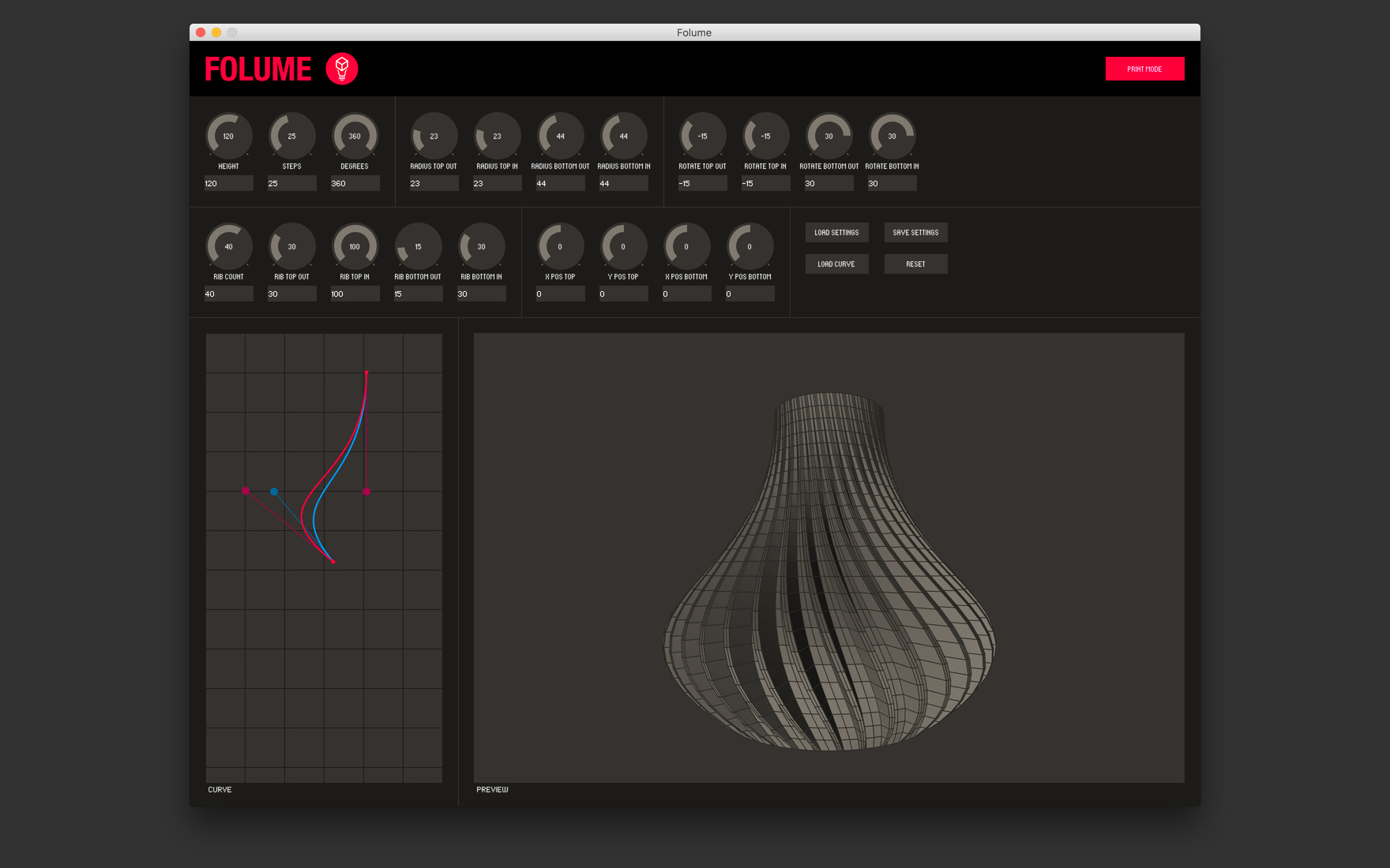 Interface showing design paramaters